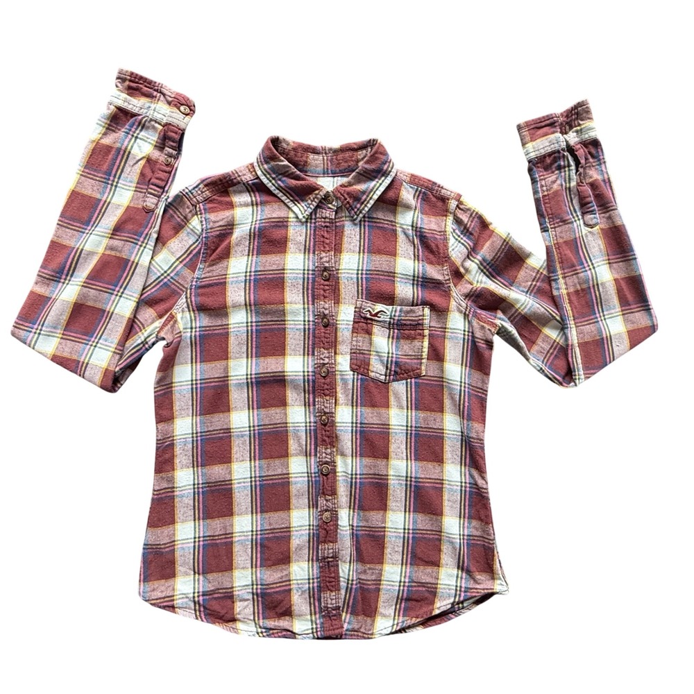 Hollister Plaid Flannel Shirt Womens S Burgundy Y2K Style 100% Cotton